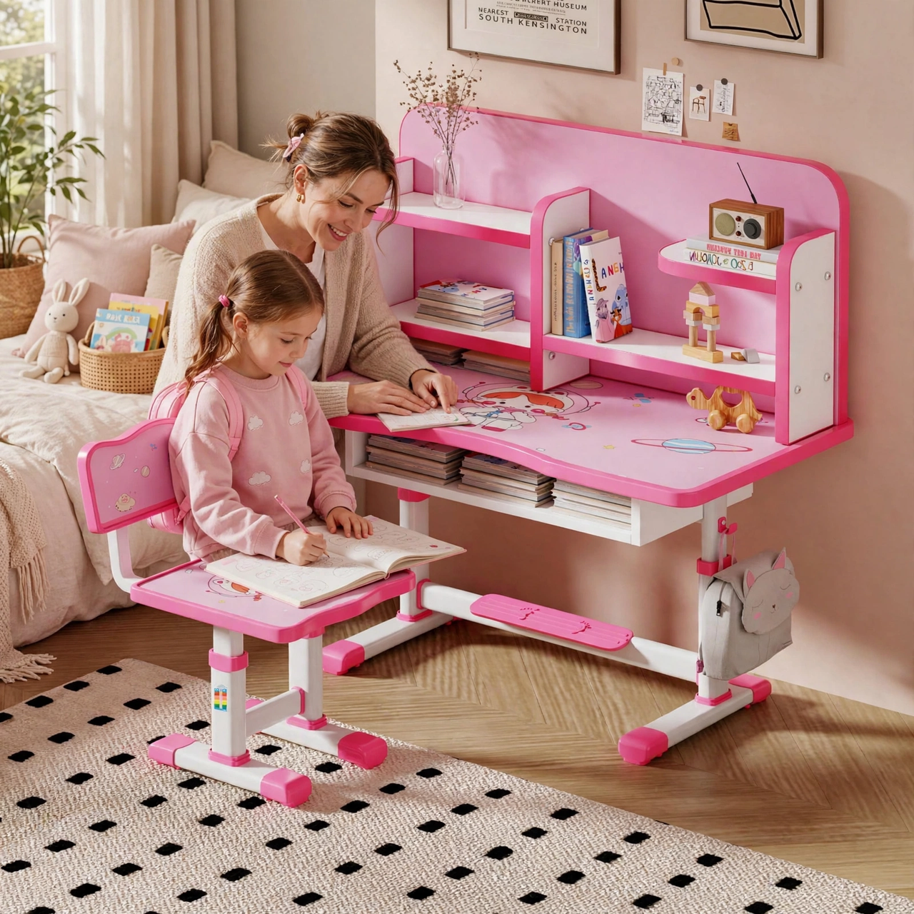 Pink Kids Study Desk with Bookshelf Hutch and Chair