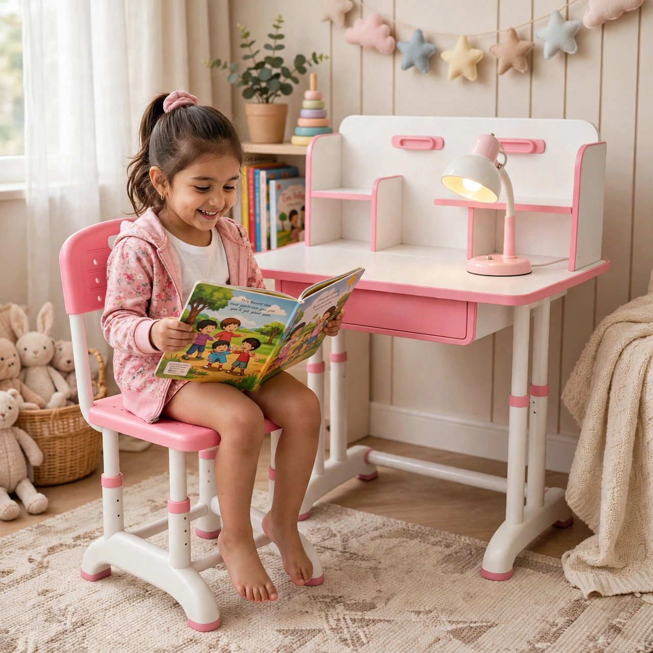 Pink Kids Study Table with Drawer and Chair - view 5