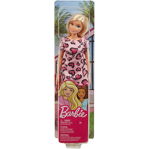 barbie doll blonde wearing pink heart print dress