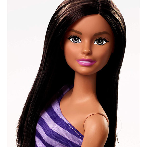 barbie doll brunette wearing purple striped dress