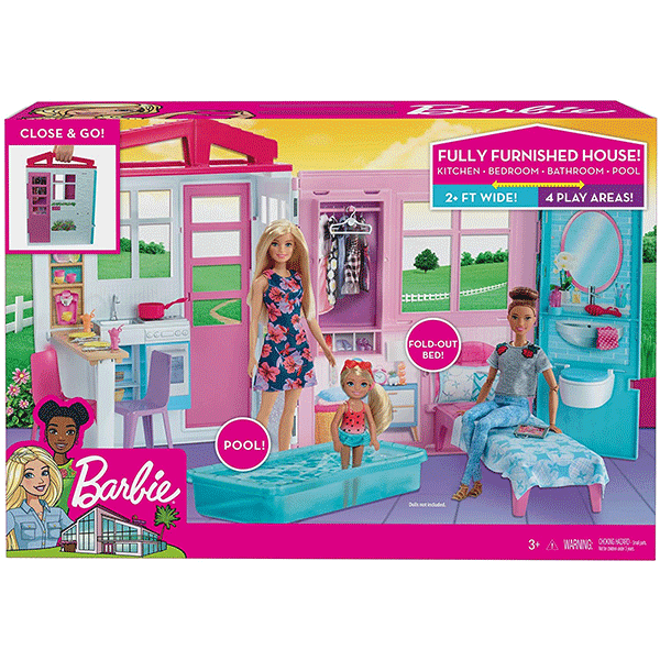 barbie dollhouse portable 1 story playset with pool