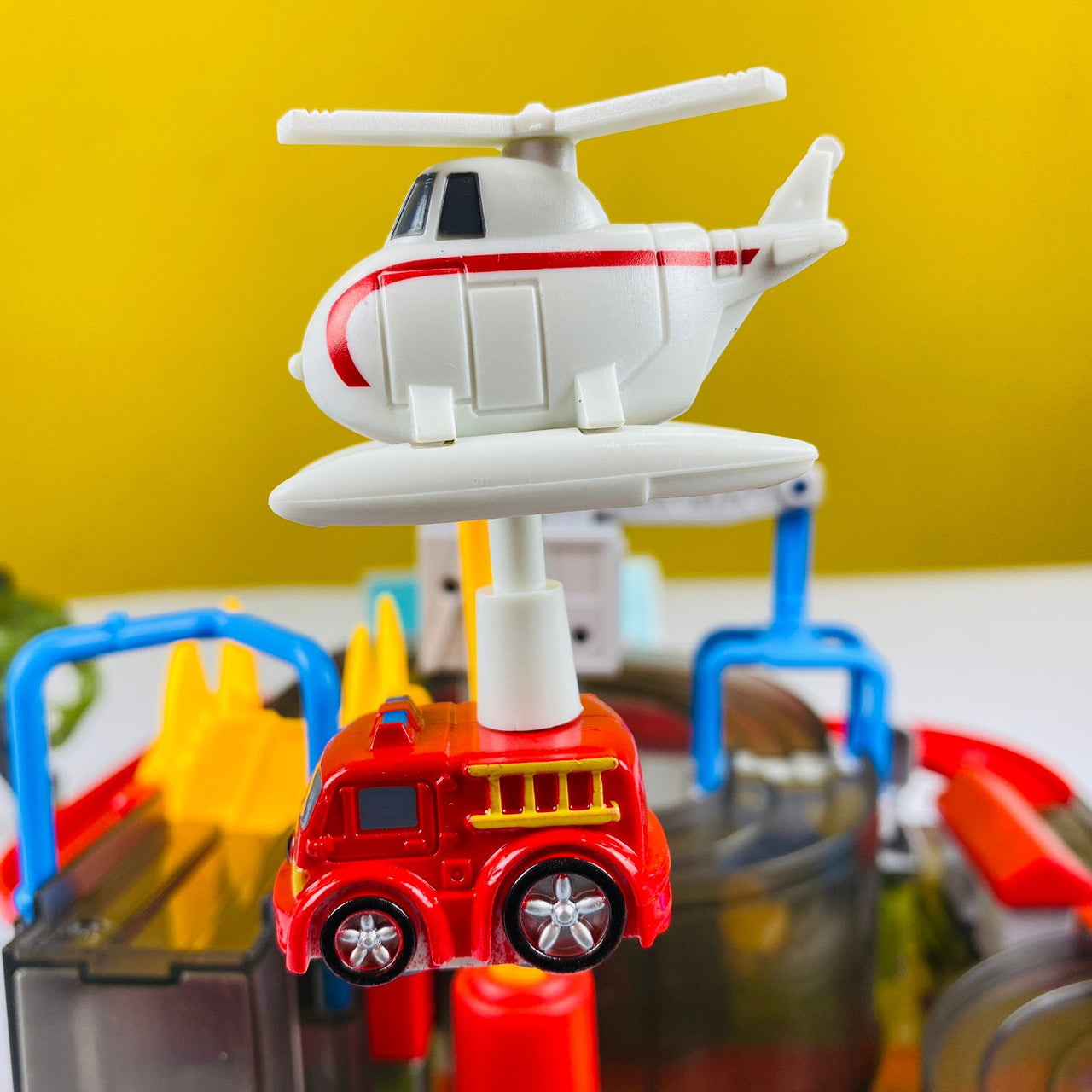 childrens car track car adventure with a helicopter
