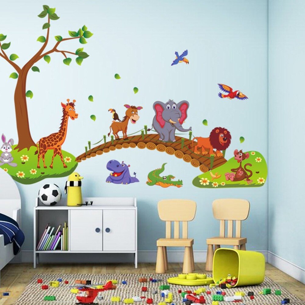 3D Jungle Wild Animal Tree Bridge Wall Stickers