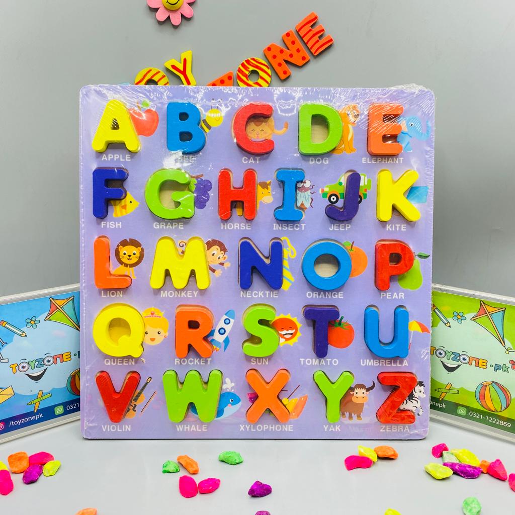 wooden learning board with alphabet numeric and shapes blue background
