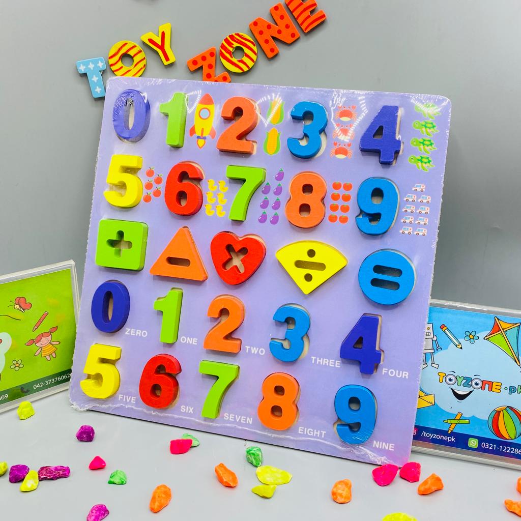 wooden learning board with alphabet numeric and shapes blue background